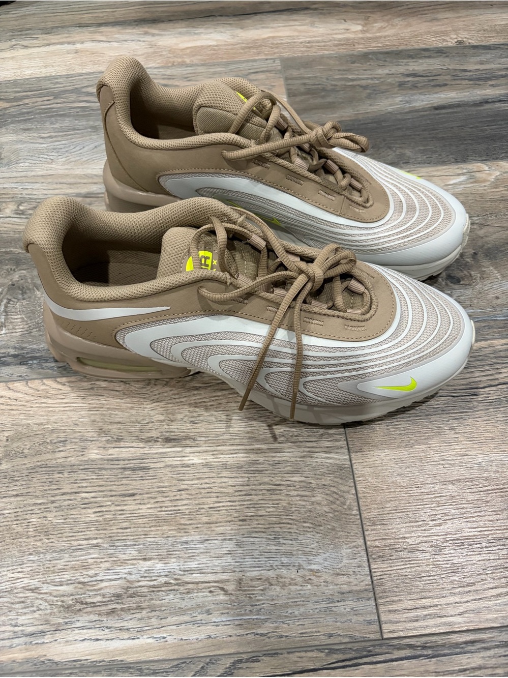 Nike Tan & White Sneakers with Neon Yellow Swoosh
